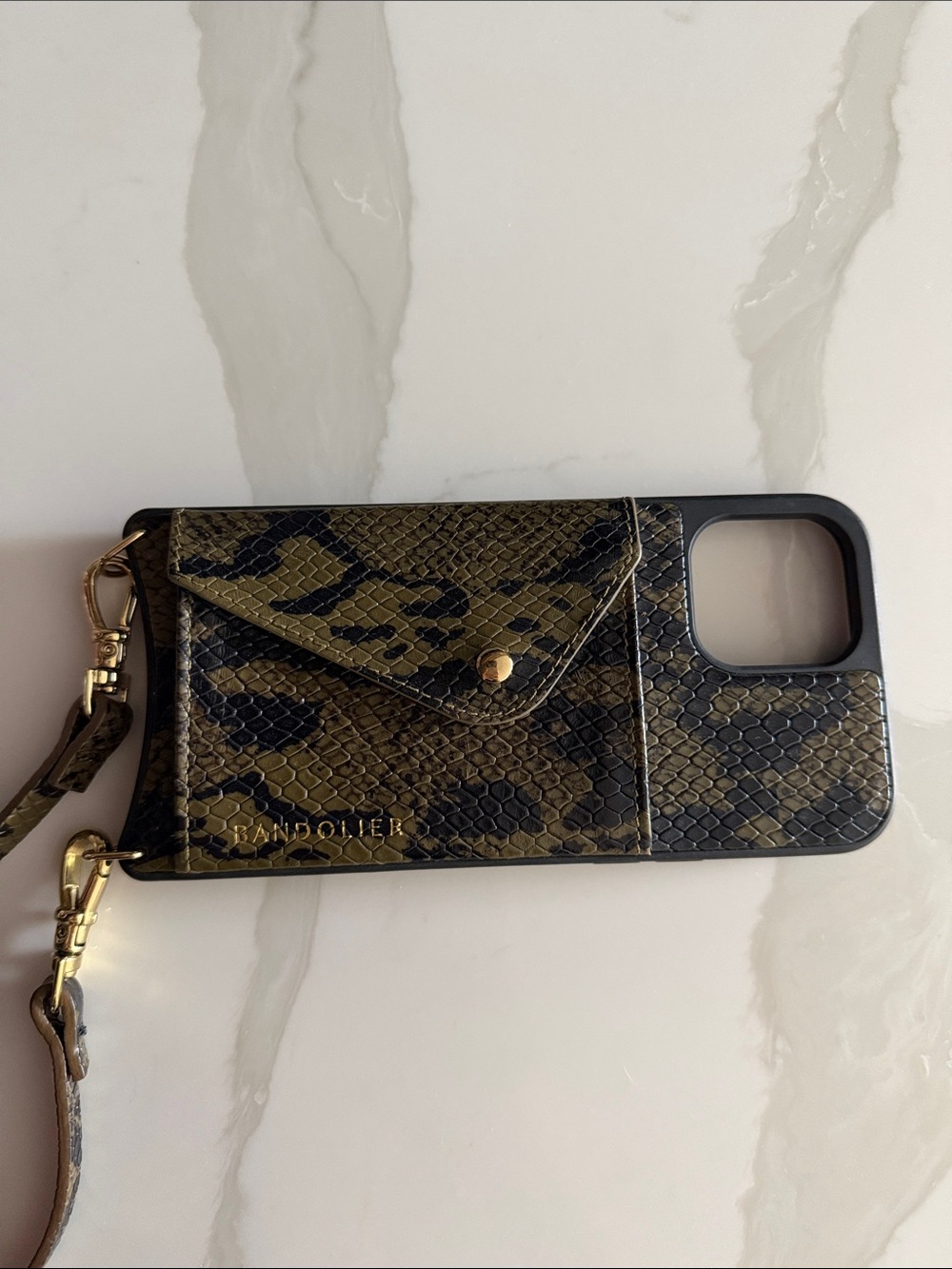 Bandolier Olive Snake Print Wallet Case with Gold Hardware